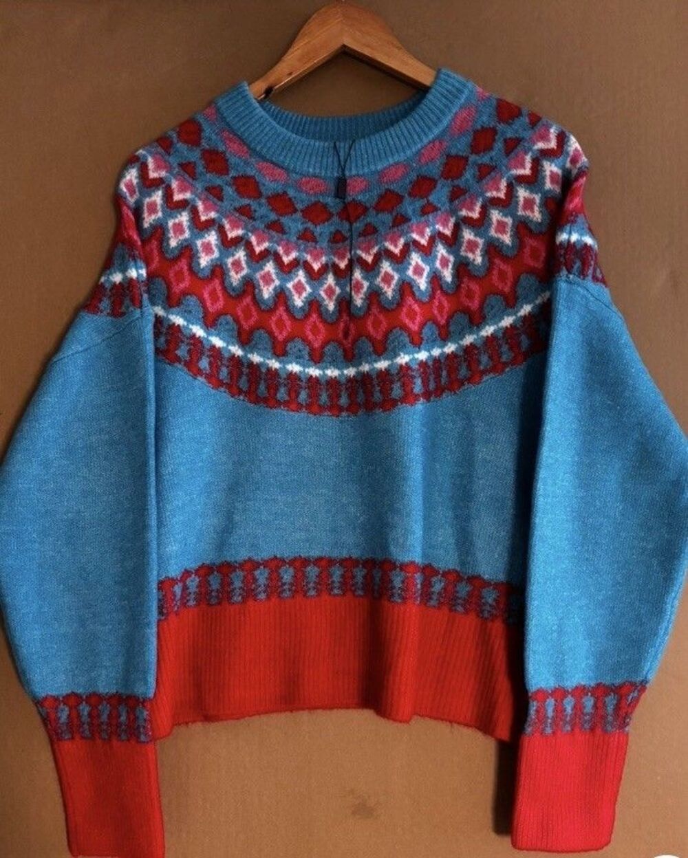 Vigoss Sweater Womens L  Sleeve Crewneck Cozy Knit Pullover Capri Blue Geometric